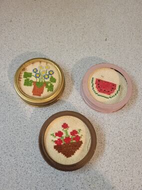 Lot Of 3 Cross Stitch Canning Lids Tops Amish Made Granny Core Cottage